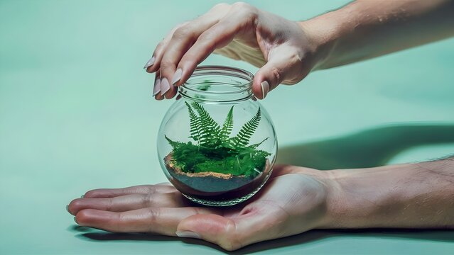 a hand Opening up a small clear glass with a tiny terrarium made with ferns and mosses 