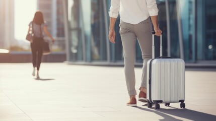 Businesswomen walking with suitcases at airport terminal. Travel and business concept. Travel and tourism concept with copy space. Copy space. 