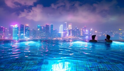 rooftop infinity pool couple city skyline blue purple water clouds tropical getaway holiday vacation travel destination 