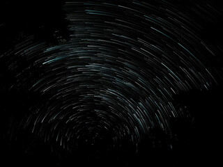 A spinning starry sky above the treetops in the forest.