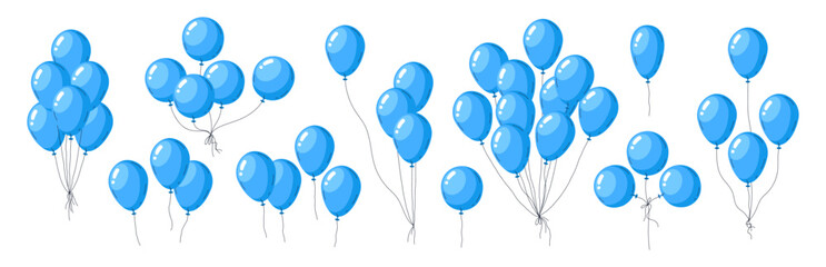 Blue helium balloons. Floating balloon bunches, blue glossy air balloons birthday party decorations flat vector illustration set. Flying balloons collection