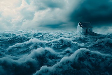 house on rough seas stormy hurricane ocean waves blue dark clouds sky  - obrazy, fototapety, plakaty
