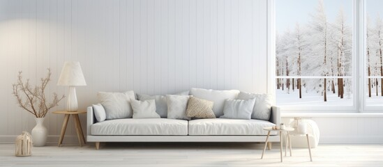 A contemporary living room featuring a white Scandinavian-style couch, a vase, a lamp, and décor on the wall.