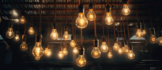 A collection of old-fashioned light bulbs suspended from the ceiling in an industrial setting. The light bulbs vary in size and shape, creating a unique and vintage aesthetic.