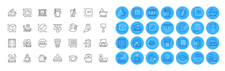 Tea cup, Furniture moving and Mattress line icons pack. Furniture, Dresser, Open door web icon. Teapot, Night mattress, Fireplace pictogram. Tea, Street light, Floor plan. Circle area. Vector