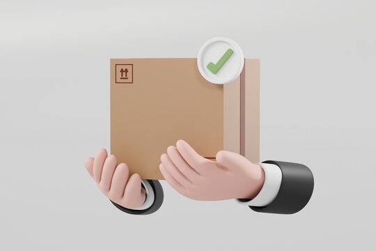 3d hand hold cardboard box or delivery box with check, correct mark. delivery successfully. warranty quality guarantee shipping delivery concept. logistic graphic element icon isolated. 3d rendering.