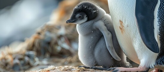 A fluffy chick, known as a banded or Cape penguin, stands next to an adult penguin.