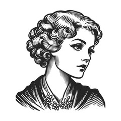 Old fashioned lady young woman sketch engraving generative ai fictional character vector illustration. Scratch board imitation. Black and white image.