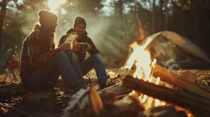A Couple Enjoys Hot Drinks Next to a Fire