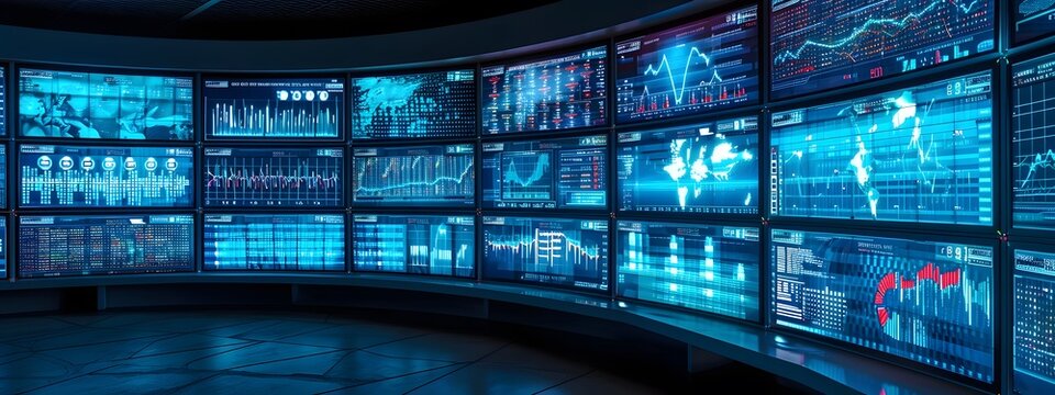 blue computer room stocks crypto ai monitors screens charts graphs technology 