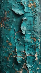 Obraz premium Detailed close-up of peeling paint on the rough surface of tree bark, revealing layers of color and texture.