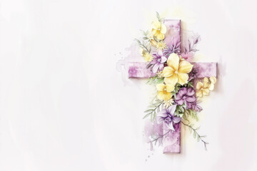 Christian Cross Decorated with Flowers Watercolor Background with Copy Space