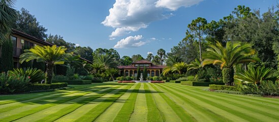 A well-manicured lush green lawn with a gazebo in the background, featuring precise trimming and a serene ambiance. - obrazy, fototapety, plakaty