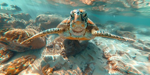 Photo A sea turtle swims in the ocean. - obrazy, fototapety, plakaty