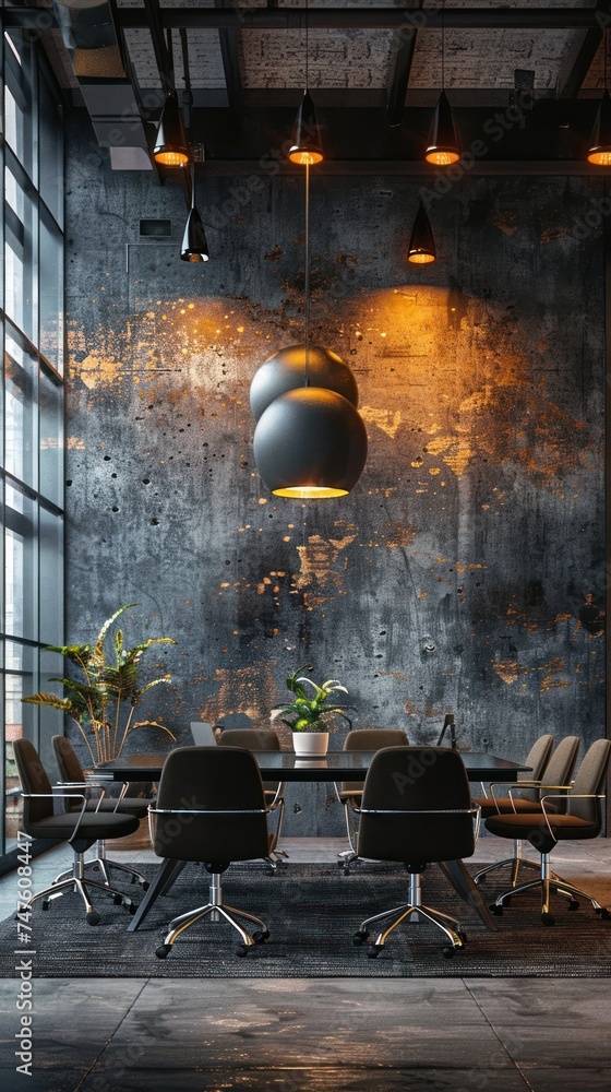 Poster front view of an empty modern conference room featuring a large table and chairs for meetings and di