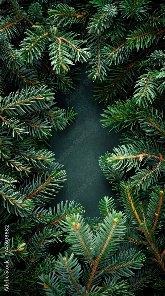 Poster a pine tree with a vibrant green center is encircled by a dense array of pine needles.