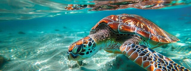 Photo A sea turtle swims in the ocean.