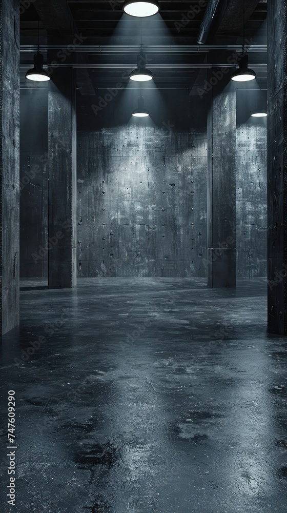 Aufkleber an empty room with concrete walls lit up by numerous lights, creating a bright and stark atmosphere.