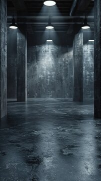 An empty room with concrete walls lit up by numerous lights, creating a bright and stark atmosphere.
