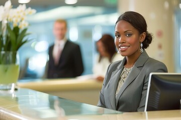 Professional Receptionist Greeting Visitors at a Modern Office Lobby During the Workday