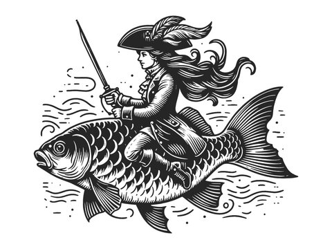 Pirate woman captain riding fish sketch engraving generative ai fictional character vector illustration. T-shirt apparel print design. Scratch board imitation. Black and white image.