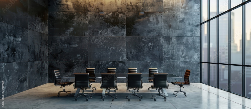 Poster front view of an empty modern conference room with a table and chairs set up for meetings or discuss
