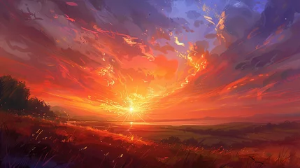 Foto auf Acrylglas Rot  violett A painting depicting a vibrant sunset casting warm hues over a field, with rich colors blending in the sky and the landscape