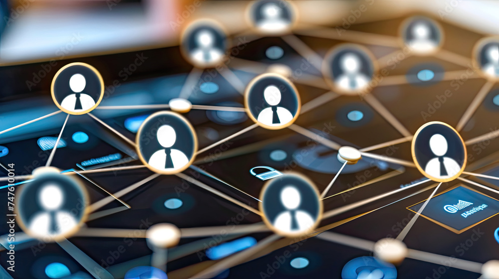 Poster multiple individuals standing in a network formation, symbolizing connectivity and communication wit