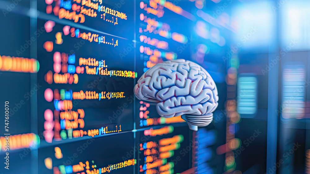 Poster computer screen showing a detailed image of a human brain, with various regions highlighted and labe