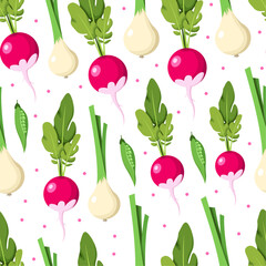 seamless pattern with vegetables, bright radish, spring onion, green beans and dots on white background