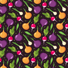 Vector vegetables pattern with flat style onions, beans and dots on dark background