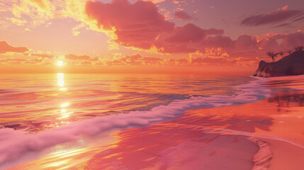 Vivid sunset over a calm ocean, with the sun painting the sky in shades of orange and pink, reflecting on the waters surface