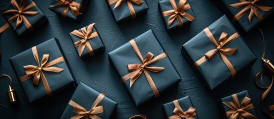 Black gift boxes of various sizes are grouped and neatly placed on top of a table with a dark background.