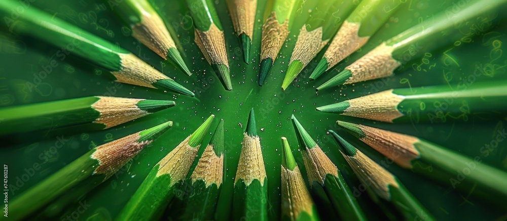 Poster a close-up view of a group of vibrant green pencils neatly arranged in a row.