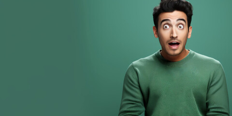 Shocked man, open mouth, wide eyes. Concept of shock, unexpected news, pleasant sale or offer, joyful reaction, promotional content. Green background. Wide banner with copy space - obrazy, fototapety, plakaty