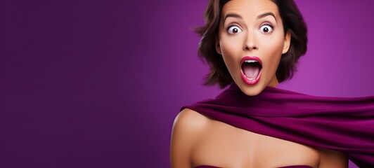 Fototapeta premium Shocked brunette woman, open mouth, wide eyes. Concept of shock, unexpected news, pleasant sale or offer, joyful reaction, promotional content. Purple background. Wide banner with copy space