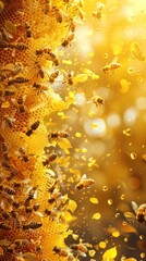 A group of bees flying in the air with purpose and coordination, possibly returning to their honeycomb after pollinating flowers.