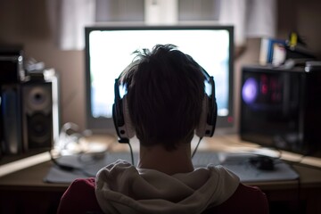 young gamer boy playing on computer gaming wearing headphones hoodies desk - Powered by Adobe