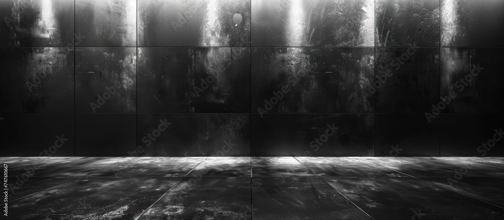 Poster a black and white representation of an empty room with an elegant dark floor and a blank wall provid