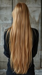 A young woman with long blonde hair stands in front of a wall in a rearview shot.