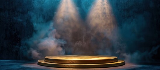 A stage being highlighted by three spotlights shining down onto it, set against a dark background with a touch of smoke. - obrazy, fototapety, plakaty