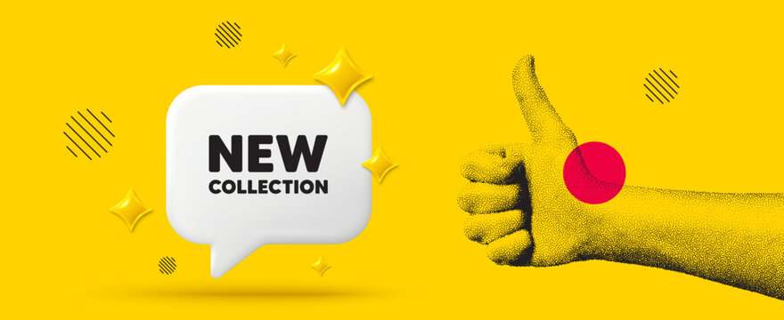 Hand showing thumb up like sign. New collection tag. New fashion arrival sign. Advertising offer symbol. New collection chat box 3d message. Grain dots hand. Like thumb up sign. Vector