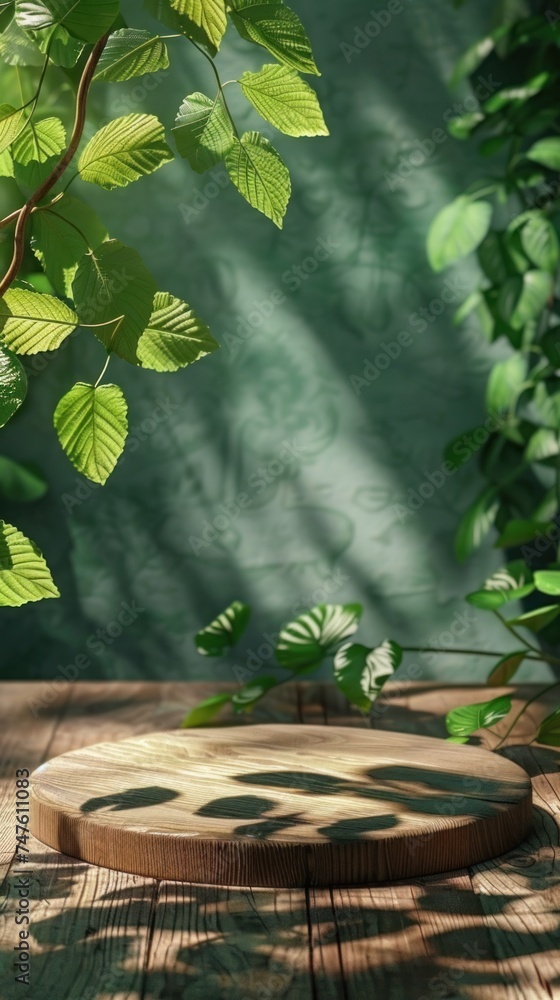 Poster a wooden plate is placed on top of a wooden table, creating a simple and rustic setting.