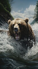 A painting depicting a bear swimming in the water.
