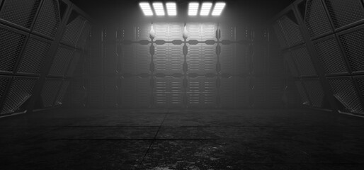 Background for futuristic design. Floodlights in a metal hangar. Technological for your product. Futuristic background. Dark empty hangar with smoke or fog, garage, empty dark stage, 3D render.