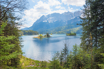 pictorial bavarian landscape, lake Eibsee and Zugspitze mountain view
