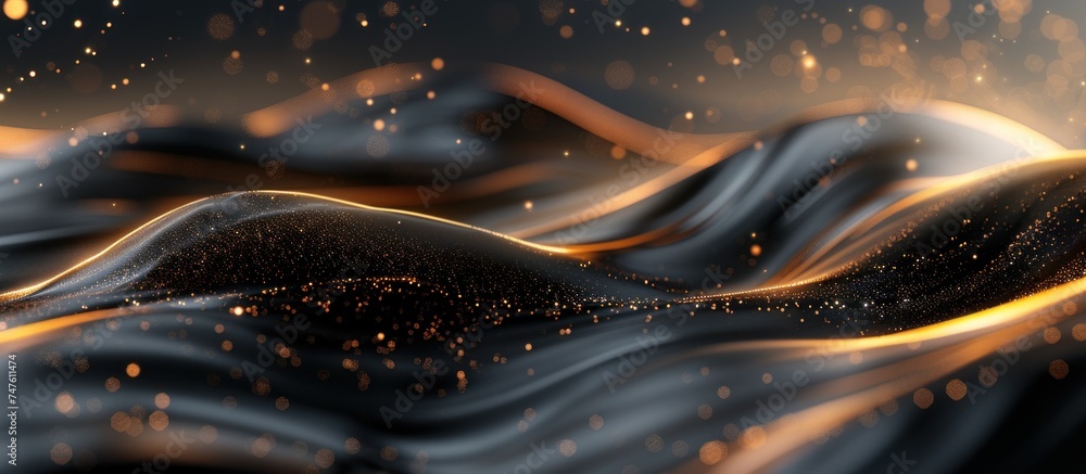 Poster a luxurious abstract composition featuring black and gold lines intertwined with gold sparkles, crea