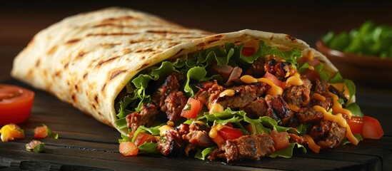 A scrumptious burrito filled with juicy meat, crisp lettuce, and fresh tomatoes, ready to be enjoyed.
