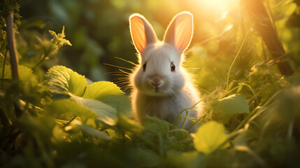 An Endearing Encounter with Nature: Baby Rabbit Relishing a Fresh Leaf amidst a Lush Green Meadow