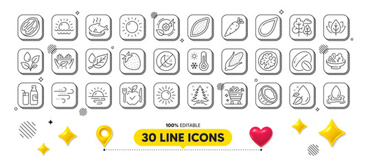 Coconut, Sunrise and Corn line icons pack. 3d design elements. Sunny weather, Soy nut, Sunset web icon. Pecan nut, Water splash, Salad pictogram. Tree, Sun, Fish dish. Vector